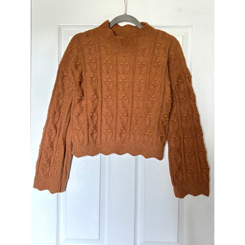 Cider Rust Orange Pointelle Knit Scalloped Mock Neck Sweater XL
